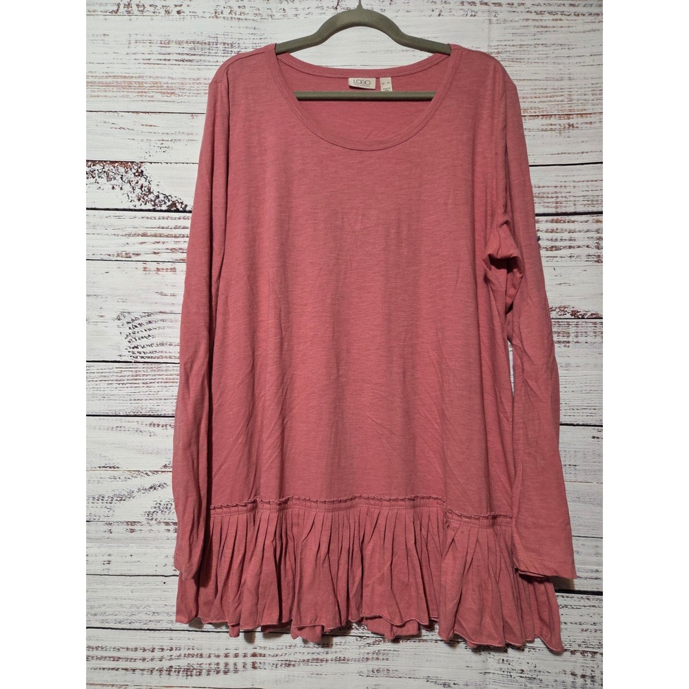 LOGO Lori Goldstein Womens XL Pink Slub Knit Ruffle Hem Long Sleeve Tunic Top